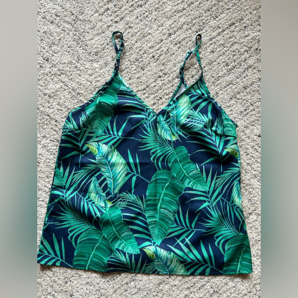 Tropical Leaf Print Satin Cami with Straps - Green on Navy